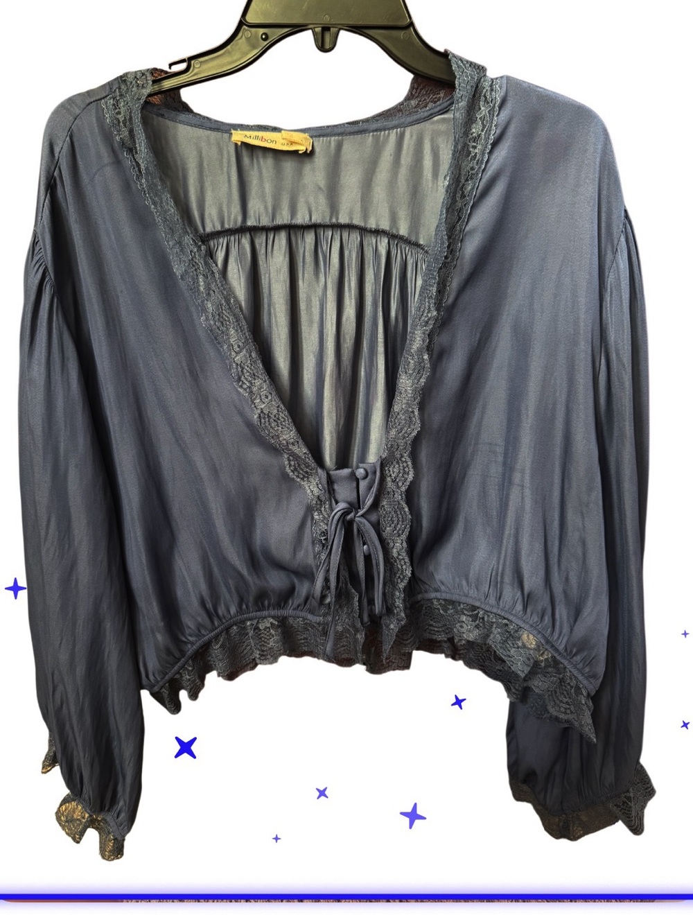 MILLIBON SATIN LACE LONG SLEEVE BOHO CROPPED TOP LARGE STEEL BLUE